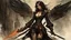 Placeholder: biomechanical women, beautiful, steampunk, dusty brunette, long square, large steampunk black wings, sword, steam, dynamic pose, rain, wind, ashes, flashes of fiery threads, steam engine, caves with rusty pipes on the background, dark world, sketch art, fine lines, grunge, sensual, darkness, dark colors, by Raymond Swanland & Alyssa Monks & Anna Razumovskaya