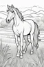 Placeholder: coloring page, horse in a grassy meadow, cartoon style, thick lines, low detail, no shading