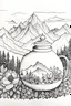 Placeholder: Cozy vibes drawing art tea pot, garden inside tea pot, mountain range in background