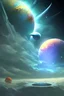 Placeholder: cosmo surreale con astronavi, cielo azzurro, galassie e pianeti