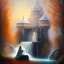 Placeholder: spray painted fantasy art, photorealism, book illustration,upper body of a realistic hooded high priestess ,white furniture by a dam ,autumn water, evening