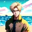 Placeholder: The handsome and perfect portrait is on Spruce Street, anime, blonde-haired and green-eyed male character on the beach for the magazine, 8K resolution, high quality, ultra graphics, and detailed with lines.