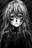 Placeholder: Disfigured anime girl in white and black background, cool aesthetic manga illustration, distorted anime girls, broken sad anime girls, teen anime girls, breakcore, sleep deprived, with eyebags