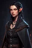 Placeholder: Young beautiful female Hexblood warlock character. Lightly tanned skin. Long straight jet-black hair to the waist. Half-up hairstyle with two loose Dutch braids on each side. Bright glowing pale eyes. Delicate face. High cheekbones. Full lips. Soft smile. Slightly pointed ears. Faint dark vine-like markings on neck and collarbone. Black cloak. Realistic dark fantasy. Highly detailed. Cinematic lighting.