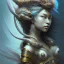 Placeholder: Sango fantasy, fantasy magic, intricate, sharp focus, illustration, highly detailed, digital painting, concept art, matte, art germ and Paul Lewin and Kehinde Wiley, masterpiece Indonesian lady head bronze lionfish Asian African girl nice breast Thai hair turquoise silver blue waves