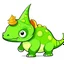 Placeholder: Cartoon illustration for children: Green Triceratops with one broken horn. He is sad.