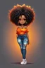 Placeholder: create a colorful abstract silhouette art image 8k of a chibi curvy black female wearing torn jeans pants and a orange tie dye off the shoulder blouse. Prominent make up with hazel eyes. Highly detailed long tight curly afro in a hair wrap.