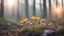 Placeholder: mini flower in the forest,sunrise, fog,low light, close-up, blurred background