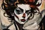 Placeholder: Max Beckmann, and Egon Schiele abstract expressionist style closeup portrait painting of a female vampire with highly detailed hair and facial features, sharply defined, finely lined and detailed, 4k in dark moody colors