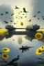 Placeholder: gray lake with bridge of sunflowers and tanks and black birds in fuggy sky with dim sunlight