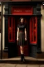 Placeholder: Photorealistic image of a young woman with dark hair, in a black ankle length skirt, boots and shirt, standing outside an old magic shop front with large red painted multi-paned picture windows on either side of a multi-paned doorway.
