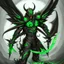 Placeholder: demonio de armadura verde y negro con alas negras, con sangre en sus manos