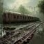 Placeholder: an abandoned train on tracks falling apart and overgrown by nature with large puddles of water flooding part of tracks, 8k resolution, high-quality, fine-detail, intricate, digital art, detailed matte, volumetric lighting, illustration, 3D octane render, brian froud, howard lyon, selina french, anna dittmann, annie stokes, lisa parker, greg rutowski