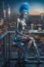 Placeholder: A beautyful biomechanical woman with tranparent glass body and blue hair, sitting in the cyberpunk rooftop bar in futuristic city, intricate details, HDR, beautifully shot, hyperrealistic, sharp focus, 64 megapixels, perfect composition, high contrast, cinematic