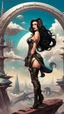 Placeholder: exotic sci-fi steampunk pin-up girl, with long dark hair, on an alien planet with cloud trees, tall spires, buildings, arches and bridges