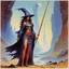 Placeholder: ConceptSheet [by Bruce Pennington]: woman wizard and her long rod with AD&D statistics