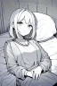 Placeholder: girl in bed, hospital patient room, greyscale