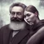 Placeholder: a young woman sitting next to a 50-year-old man with a beard and short hair, portrait, 8K, close-up face, anatomically perfect face, Highly detailed stunning full frame portrait, misty and cloudy atmosphere