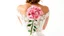 Placeholder: Back view of a bride in a white wedding dress facing forward in a bust with a bouquet of pink roses on a white background