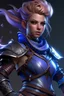Placeholder: create a young female air genasi from dungeons and dragons, wind like hair, wearing hot leather clothing that also looks studded, blue and purple coloring, realistic, digital art, high resolution, strong lighting