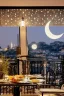 Placeholder: It's a starry night, with a luminous crescent moon, and from the balcony of an elegant luxury apartment, a view of a city with a hill and a river, lights in the windows of the houses. On the balcony, a dining table with a tray with a bird pattern, pizza and wine in starlight