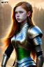 Placeholder: hyper realist, hyper detailed, stunningly beautiful 13 year old teen girl, long ginger hair, green eyes, medium freckles, full lips, skimpy leather armor, full body and head, a-cup breasts, stern expression, full frame, petite, ignore NSFW