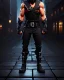 Placeholder: muscular ninja assassin, athletic build, wearing black and gray baggy pants with pockets, black hood and black balaclava mask, big boots, buckles, straps, daggers, dark hazel eyes, eyes are both in proportion and green, 3/4 look, standing, dark cobblestone alley, candle light behind head, intense, non photorealistic rendering in the art style of j.scott campbell