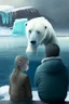 Placeholder: Niño y niña observan con tristeza cómo el glaciar se derrite y cae en el mar, a un lado un oso polar se con una mirada de preocupación