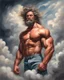 Placeholder: hairy muscle man like a top model in clouds. 19th painting