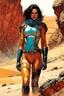 Placeholder: create a fine art print illustration of a rugged Fremen female warrior , clothed in a handmade stillsuit with highly detailed feminine facial features, traversing a a rocky outcrop amidst the desert sands of Arrakis, dusty, gritty, in the comic book art style of Bill Sienkiewicz, and Jean Giraud Moebius, finely textured, drawn, colored, and inked