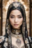 Placeholder: Gorgeous Realistic Photography Super model Asian europe as Beautiful hijab girl dressing Batik pattern flowers gown luxury black and jewelry,luxury palace background, close-up portrait