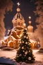 Placeholder: magical Christmas tree with balls and garland in the snow against the backdrop of an Orthodox church at night in winter