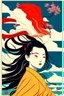 Placeholder: Vietnamese girl, primary colors with white highlights, half tone, close-up portrait, hair blown by the wind, Hokusai wave background, ukiyo-e style by Tomer Hanuka and Atey Ghailan and Roy Lichtenstein and Maxfield Parrish, expressive, in the style of official art, gorecore, koi fish and avian-themed, dark yellow and light black, oshare kei, full body.Vector, Cell shade,