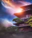 Placeholder: Japanese tea house in outer space with a nebula backdrop and otherworldly trees blue mist