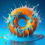 Placeholder: 3d clay style, water splashing, liquid effect, blue colours, dominating the wave, fully orange donut in the middle, splashes around