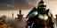 Placeholder: apocalypse, chaotic, magnificent, realistic, colorful, massive, epic, ray tracing, cinematic, 8k, HD, Ultra High Definition, photo film, film grain, hyper-detailed, old tarnished ornate rusty Hyper detailed Gold Medieval Knight helmet with glass visor and matching suit of armor