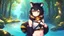 Placeholder: Girl, open navel, black hair, orange eyes, forest, river, small house by river, collar on neck, raccoon ears, raccoon tail, raccoon muzzle on face.