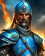 Placeholder: An iranian commander with flaming eyes with flaming light blue pupils with stubble An armor made of a mixture of steel and leather, worn by a strong commander with magical power stands atop a squire