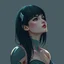 Placeholder: a pretty woman, dark hair, futuristic, contemplative, digital art, stylised