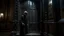 Placeholder: A dark, iron door creaks open in a haunted mansion on a stormy autumn night, an elderly Hispanic priest in black cassock peers inside, rain lashing against the walls.