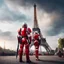 Placeholder: Futuristic soldiers clad in red and white armor stand vigilantly before the iconic Eiffel Tower, a blend of history and fantasy under the Parisian sky. Their masked faces and heavy weaponry create a stark dichotomy with the tranquil backdrop of the city.