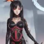 Placeholder: Detailed cute anime Kunoichi female demon looking behind her in a fire, black latex bodysuit, intricate details, full body portrait, keep head in frame, slight smile, black Japanese motif, concept art, highly detailed, digital painting, concept art, sharp focus, illustration, art by Yoji Shinkawa, WLOP and greg rutkowski and alphonse mucha and artgerm and yanjun Chen and Junji ito and Makoto Shinkai, HDR, octane render