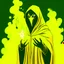 Placeholder: background yellow grey smoke. Frontground A wizard like dr fate. yellow flames emerge from his hand. his eyes are yellow. The cloak is black. real