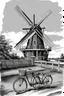 Placeholder: A realistic drawing black and gray with very defined details of a dutch windmill and a bike vector image with white background