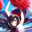 Placeholder: Clear focus, High resolution, long black fluffy hair, red eyes, chopped bangs, wearing a cheerleading outfit, jumping, wearing a skirt, legs together, smiling, Extreme Close up of eyes