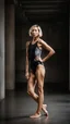 Placeholder: beautiful asian anorexic woman, total shot, short silver triathlon swimsuit, short blond wavy bob hair, blurred concrete background