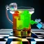 Placeholder: blurred scientist, glass of many coloured liquid with ice cubes on a chess board, raytraced, volumetric fog