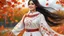 Placeholder: Hyper Realistic Close-Up-View of Extremely-Beautiful Young Happy Pashto Girl With Long-Black-Hair-Beautiful-Eyes-&-white-frock-with-red-shawl-with-white-embroidery Whirling-&-smiling in Autumn-Weather with cloudy sky in-an-Autumn-garden-with-orange-leaves-whirling-&-grass-arches showing dramatic & cinematic ambiance.