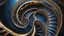 Placeholder: A stunning Nautilus shell house with a nautilus shell metal stair wide shot standing in the sea waves backdrop the deep blue Sea in golden hour, dark metallic, steampunk, hyperrealistic photo, Digital painting, Highly detailed, Sharp Focus, unusual spiral fractal architecture