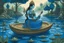 Placeholder: Draw a blue waterlily in pond above which goddess saraswati would be seated holding veena, a pirate ship is floating
